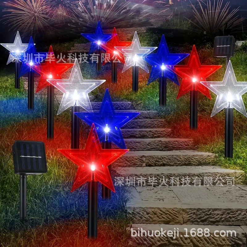 Solar Outdoor Courtyard Light Independence Day Red, White and Blue Five-Pointed Star Lawn Lamp House Garden Waterproof Decoration