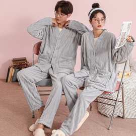 冬季睡衣情侣珊瑚绒加厚加绒2023新款法兰绒男女套装和服领家居服