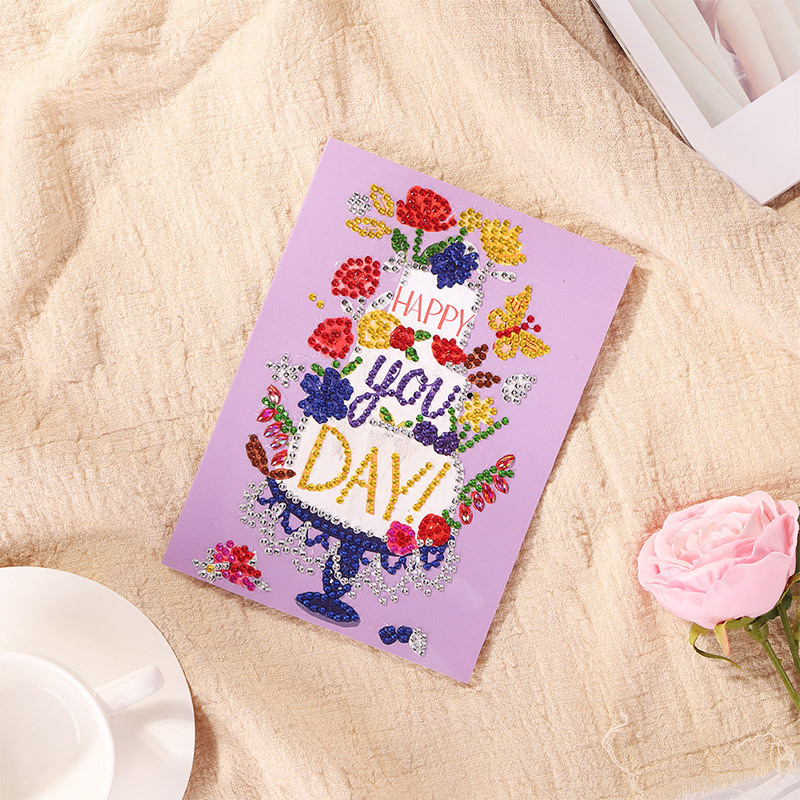 Nueva tarjeta de felicitación de pintura de diamantes bricolaje regalo de cumpleaños creativo conjunto de deseos dibujos animados material hecho a mano pegatinas en stock