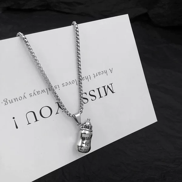 Trendy New Style Baby Bottle Necklace Personalized Hip Hop Titanium Steel Niche Design Sense Children's Pendant Men's and Women's Trendy Accessories