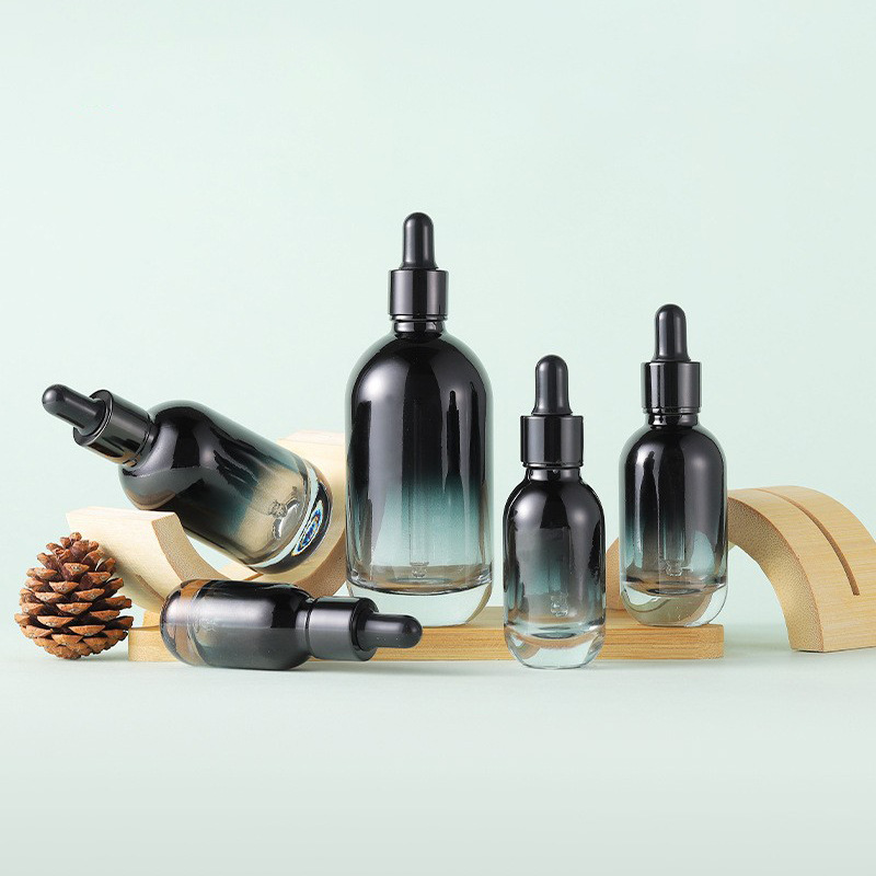 新款现货20-100ml渐变黑厚底滴管瓶玻璃精华原液瓶10ML透明精油瓶