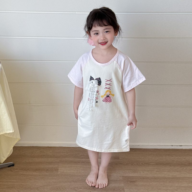 Mother's Dresses Nightdress Girls Summer Children's Casual dress Girls Lace Bow for Middle and Big Children dress Girls