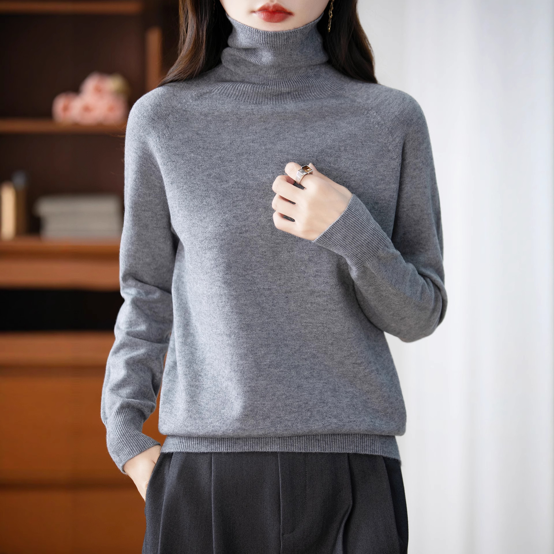 一线成衣秋新款高翻领长袖安迪绒针织衫女套头宽松内搭毛衣女批发
