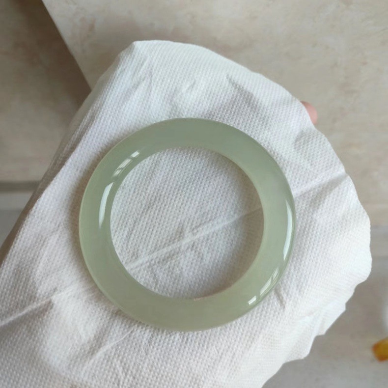 Vòng tay ngọc bích Hetian dải tròn béo nước nắng băng cao bản rộng chi tiết 3