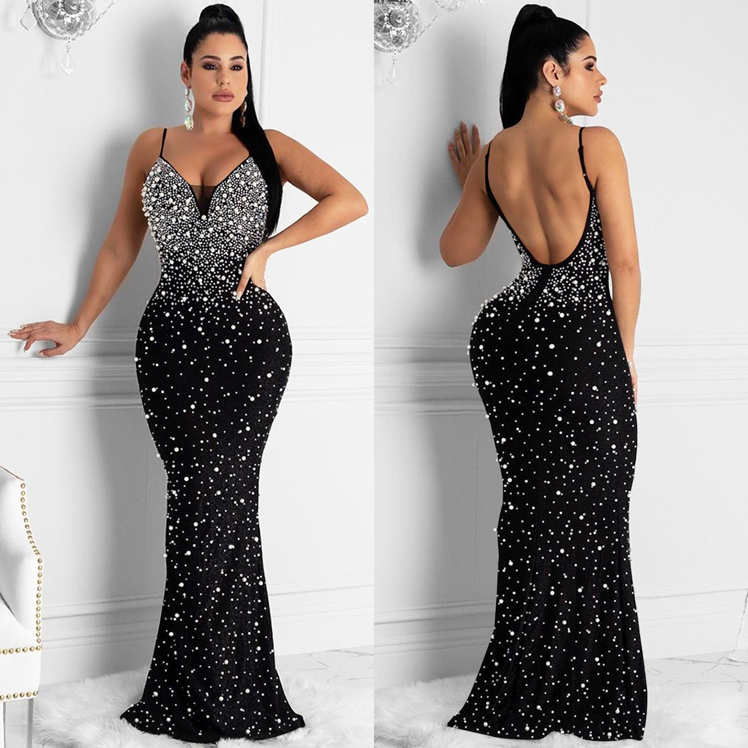 C5852 AliExpress Amazon moda europea y americana de las mujeres rhinestone caliente nightclub sexy Correa vestido sin mangas
