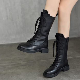 First-Layer Cowhide Mid-Calf Boots for Women 2025 Autumn and Winter New Style Fleece-Lined Cotton Boots Mid-Heeled British Boots Genuine Leather High Boots