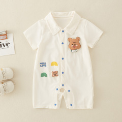 嬰兒衣服夏季薄款a類純棉男寶寶短袖連體衣小熊哈衣爬服代發