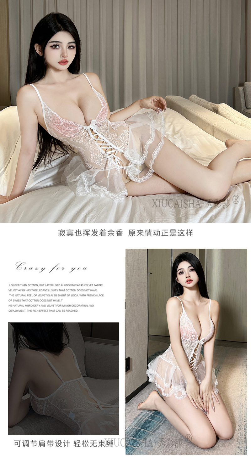 Lace Transparent Bodysuit Nightgown with Open-Crotch Stockings, Black One-Size Lingerie Dress — detail image 19