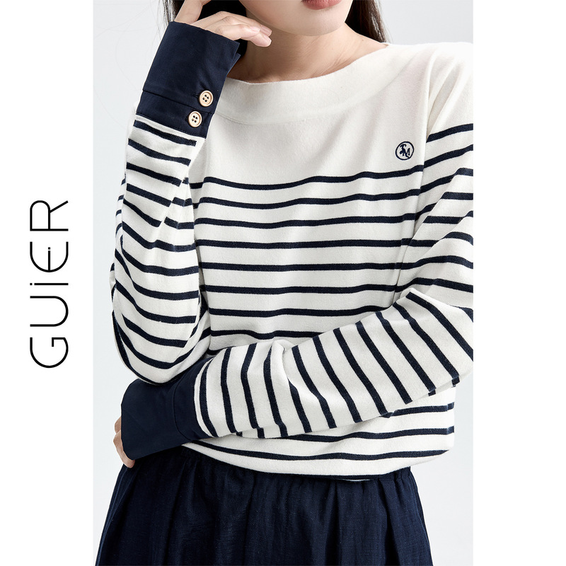 「GUIER」针织条纹长袖T恤女2025新款秋季宽松休闲显瘦感上衣|undefined
