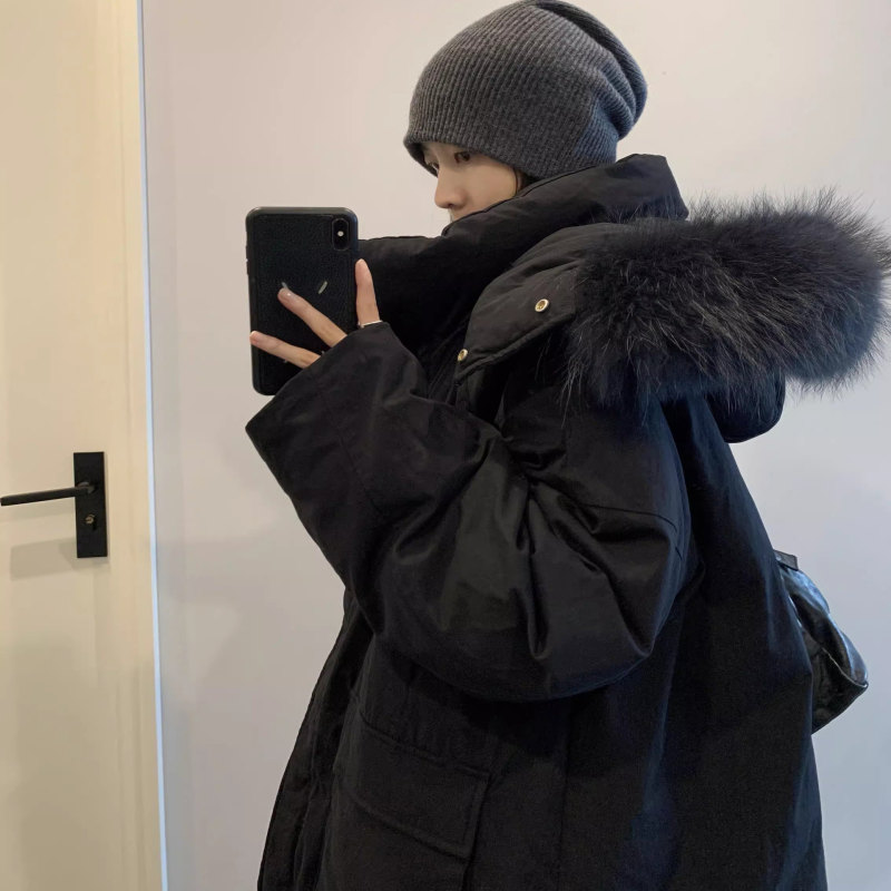 New Fashion 2026 Spring Black down Jacket for Women, Mid-Length with Large Fur Collar and Hood, Trendy Coat New Fashion 2026 Spring Black down Jacket for Women, Mid-Length with Large Fur Collar and Hood, Trendy Coat