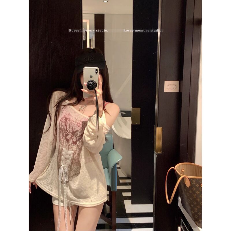 Slightly Sheer and Thin Printed One-Shoulder Long-Sleeved T-Shirt 2026 Summer New Style Loose Lace Lace-Up Sun Protection Cover-Up for Women Ins Slightly Sheer and Thin Printed One-Shoulder Long-Sleeved T-Shirt 2026 Summer New Style Loose Lace Lace-Up Sun Protection Cover-Up for Women Ins