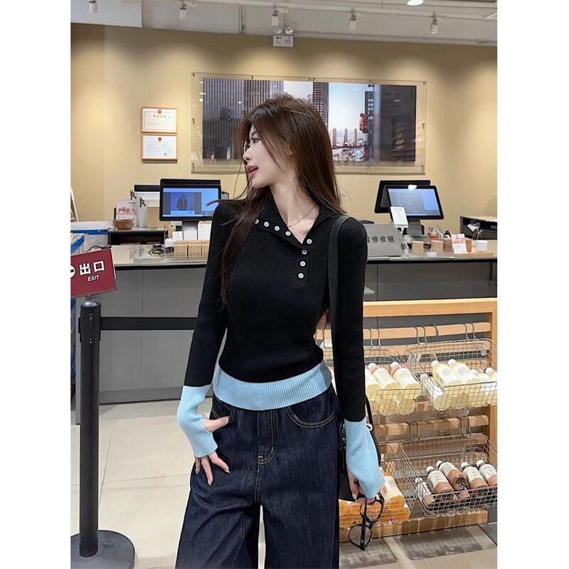Color-Blocking Design Turn-Down Collar Base Sweater for Women, Spring and Autumn Slim-Fit, Elegant, Thickened Inner Knitwear Color-Blocking Design Turn-Down Collar Base Sweater for Women, Spring and Autumn Slim-Fit, Elegant, Thickened Inner Knitwear