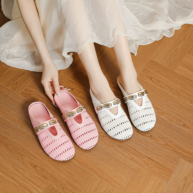 Ленивые плоские шлепанцы женские летние новые баотоу ретро плетеные полые