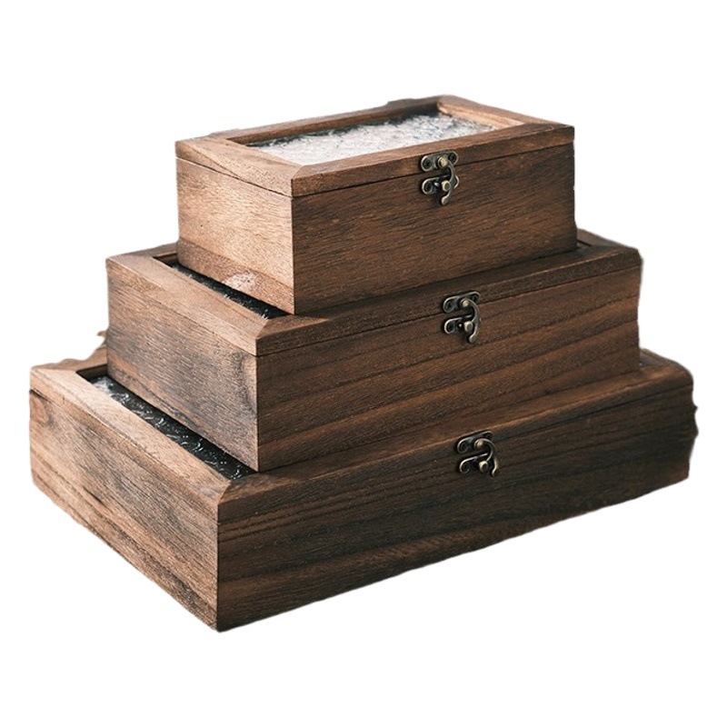 Caja de almacenamiento de artículos diversos vintage de madera Paulownia hogar a prueba de polvo Flip caja de joyería Begonia flor vidrio caja de almacenamiento de escritorio image 1