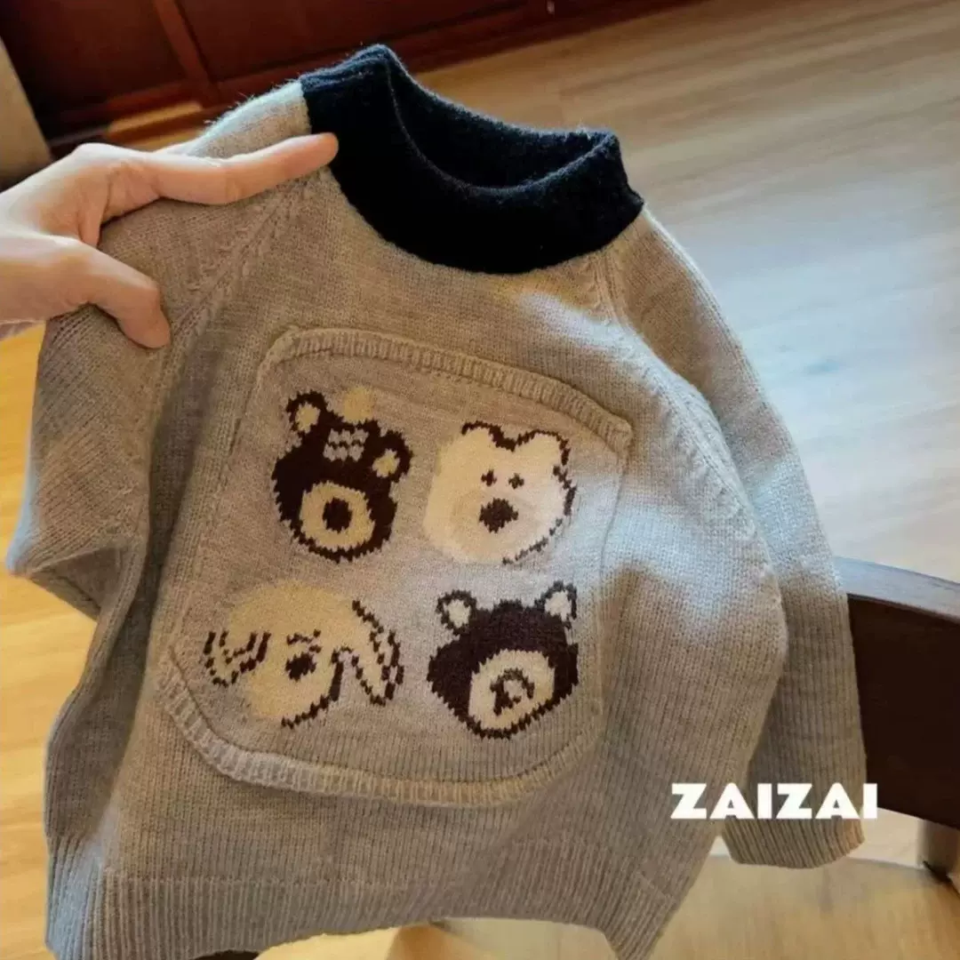 跨境男童小熊加绒a类毛衣2025秋冬韩版男童加厚加绒针织衫上衣