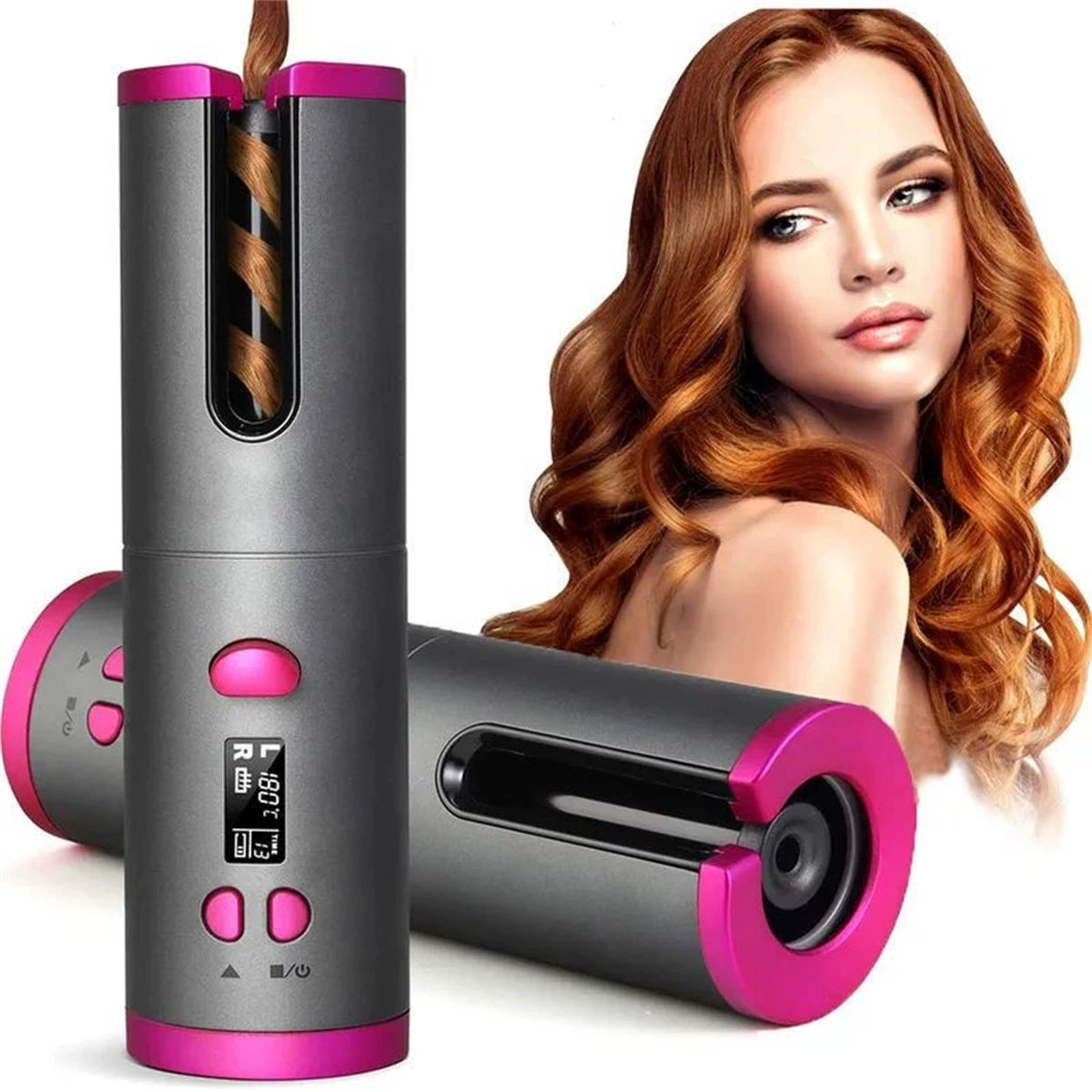 Автоматический USB-щипец для завивки волос, портативная беспроводная плойка с зажимами, гребнем и чехлом (серо-розовый)