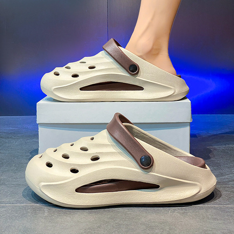 Dép sandal nam bít mũi đế dày kiểu lỗ thoáng khí đi biển — Kaki, Màu trắng, Màu đen