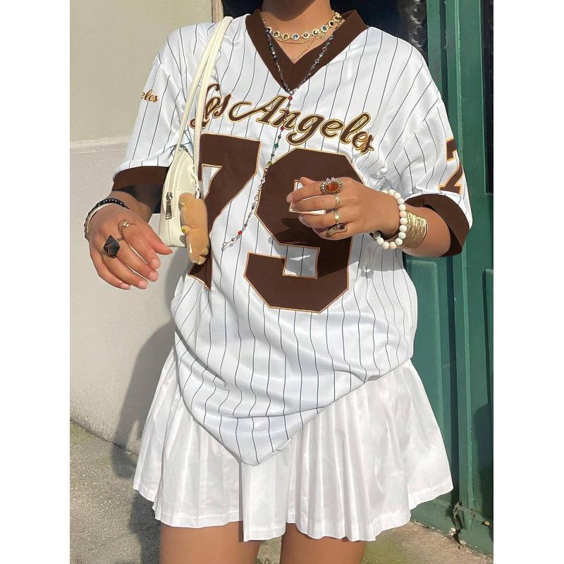 American High Street Casual Sports Baseball Collar Contrasting Short-Sleeved Long-Sleeved Shirt for Women Summer Loose Printed Half-Sleeved Top