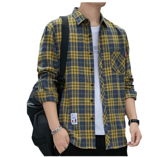 春秋季新款情侣宽松撞色复古衬衫宽松休闲阔版男女同款衬衣格子衫