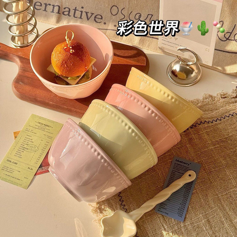 レリーフ新作飯碗insクリーム風カラー釉薬下彩家庭用高颜値食器少女デザート碗陶磁器|undefined