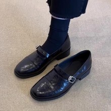 现货牛皮版~复古极简风圆头小皮鞋女皮带扣玛丽珍单鞋粗跟乐福鞋