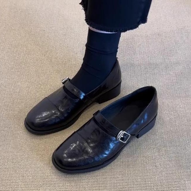 现货牛皮版~复古极简风圆头小皮鞋女皮带扣玛丽珍单鞋粗跟乐福鞋