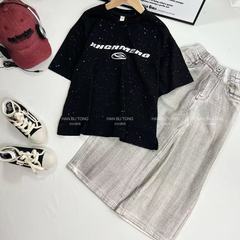 男女童2024新款短袖套裝夏季韓范潮牌酷大版寬鬆撒銀T恤髒髒褲拖