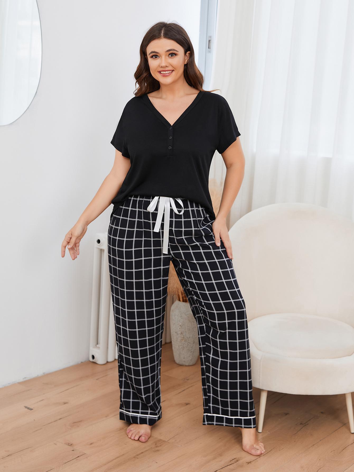 Einfacher Stil Gitterkünstiger Baumwoll Spandex Polyester Pyjamas Hosen Sets display picture 1