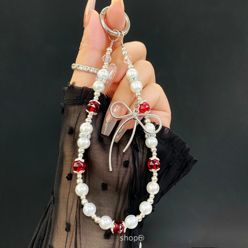 레드 펄 화이트 펄 보우 크리스탈 비즈 팔찌