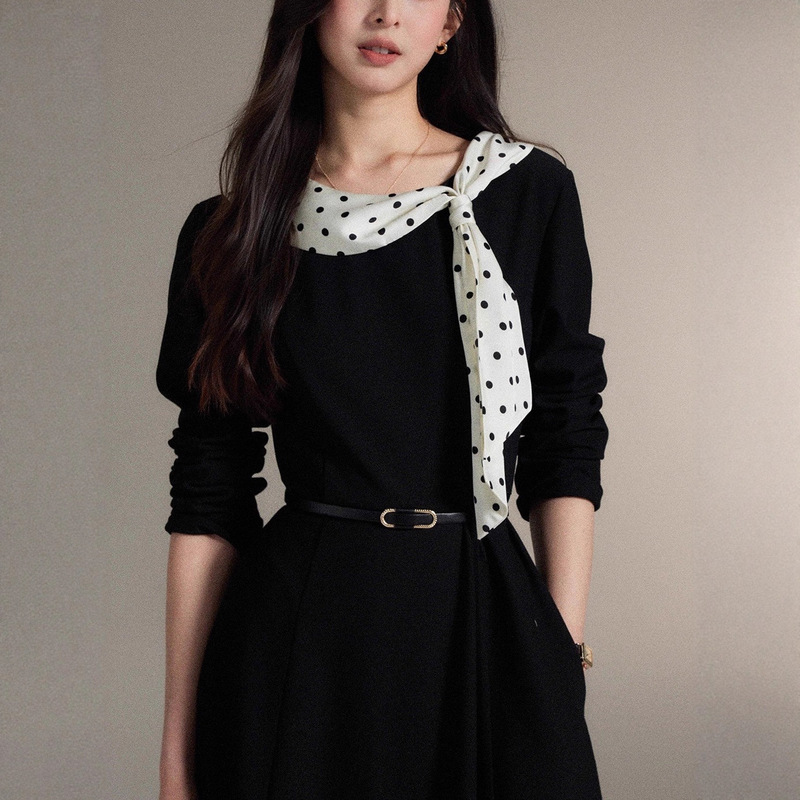 Elegant French-Style Polka Dot Flutter Sleeve Black Dress with a High-End Feel for Women