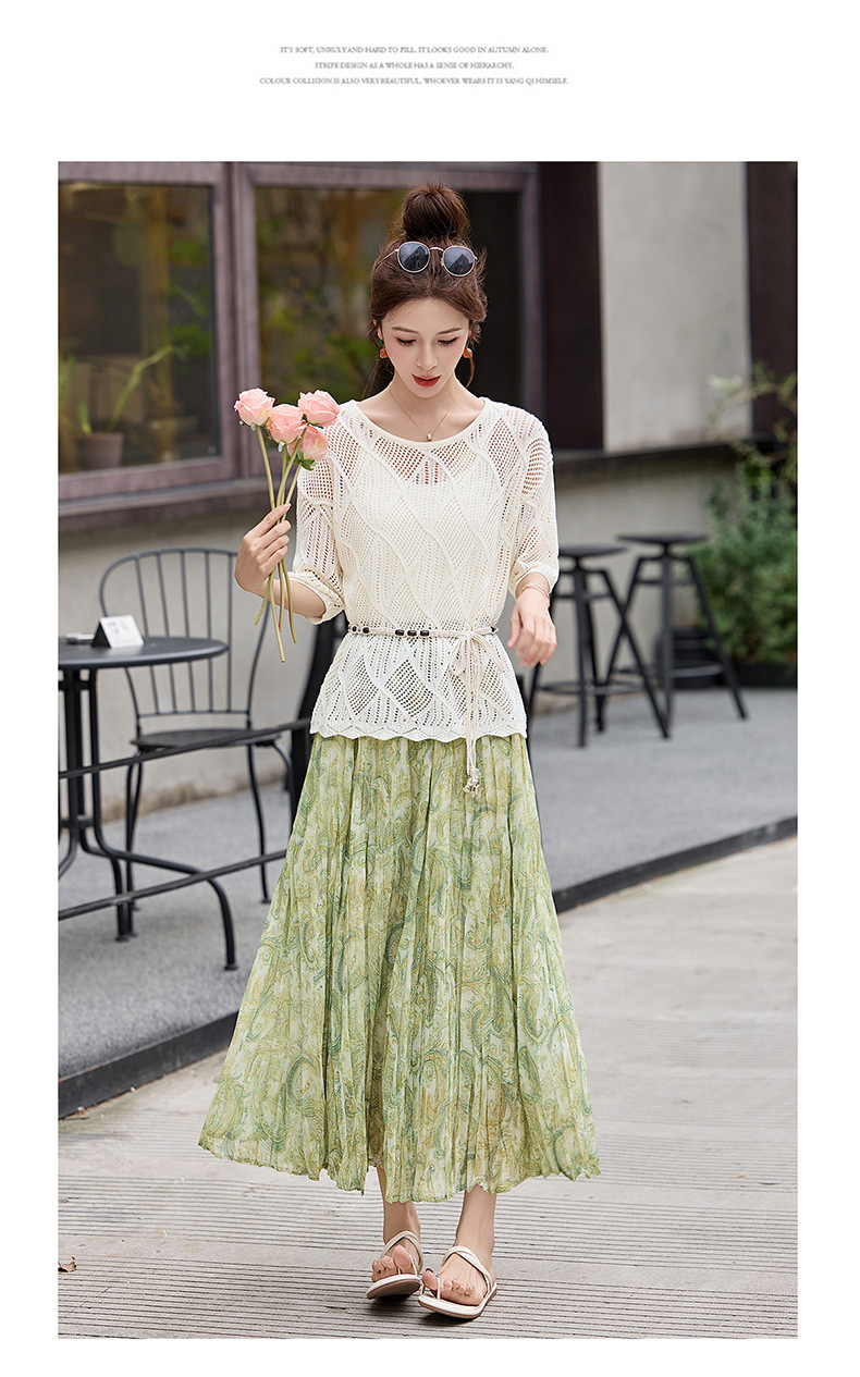 Set áo khoác ren buộc dây kết hợp chân váy hoa maxi hai mảnh đi biển — màu sắc, xanh lá cây chi tiết 14
