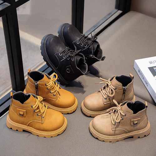2025 Fall/Winter Boys' Martin Boots for Kids: Soft-Soled Leather Yellow Boots, Low-Cut Ankle Boots for Toddlers, and Girls' Shoes