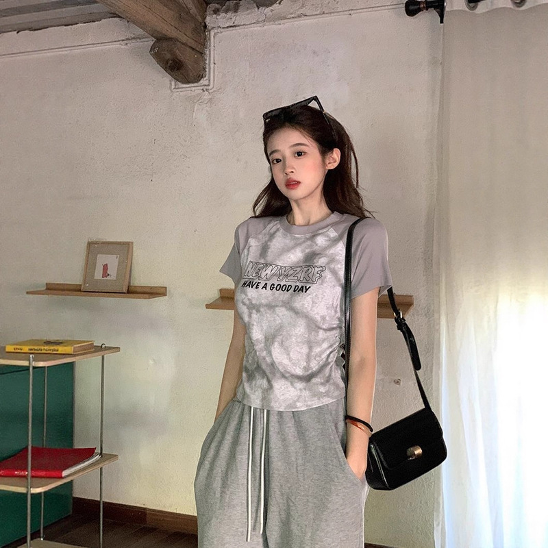 13ライン高品質タイダイラグランスリーブTシャツレディース半袖夏右肩ショートファッションヨーロッパトップス|undefined