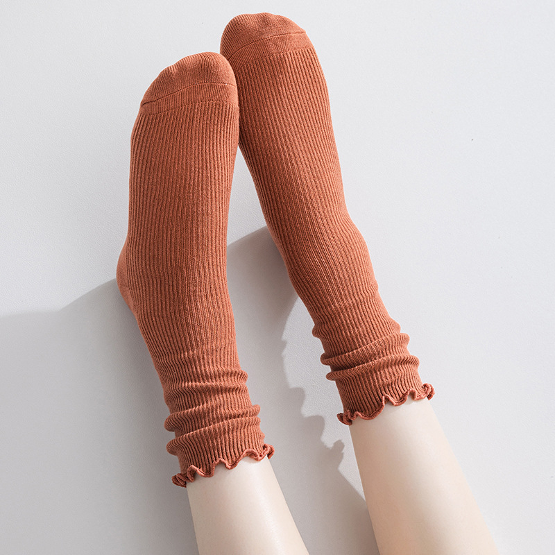 Damen Crew Socken Mit Wellensaum Für Herbst Und Winter Einfarbig_voghion.com