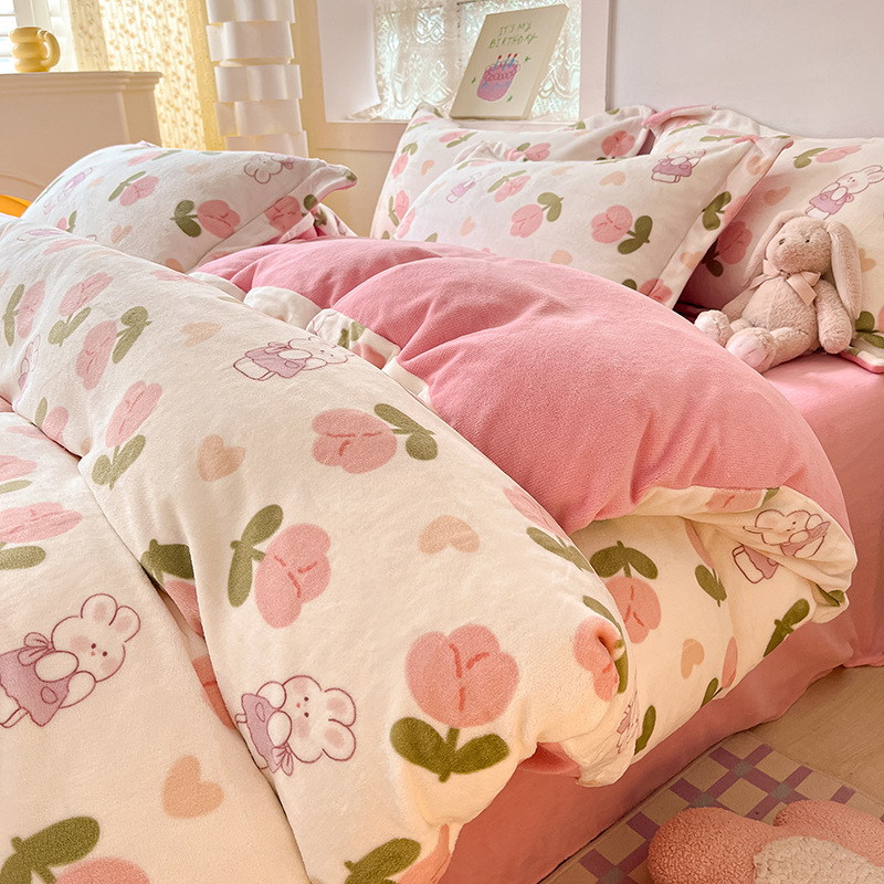 Invierno de coral cubierta de edredón de una sola pieza de invierno de peluche de doble cara de peluche de leche de cuatro piezas de cubierta de edredón de una sola persona engrosada