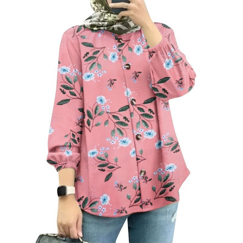 In-Stock Cross-Border Amazon Malaysia New Women's Floral Shirt with Fashionable Puff Sleeves Factory Wholesale