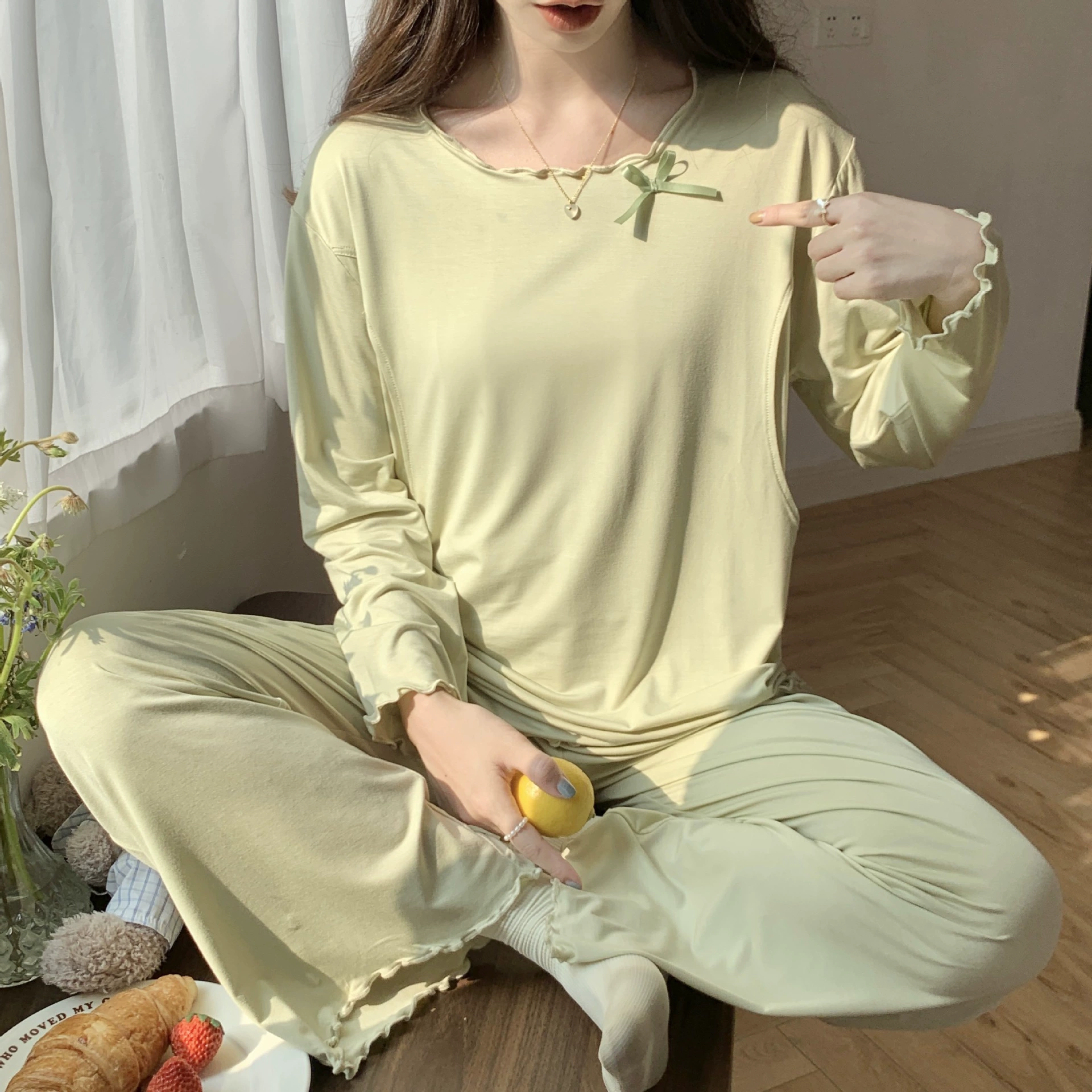 [В наличии 8550] Пижама для беременных женщин для кормления Модальная одежда в виде Луны Домашняя одежда Летний тонкий пуловер