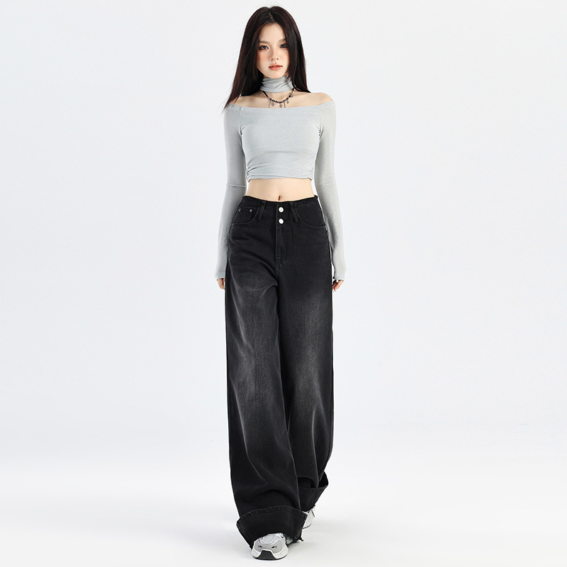 American black and gray wide-leg jeans for women in 2024 autumn new high-waist double-buckle loose slim curly slim floor pants