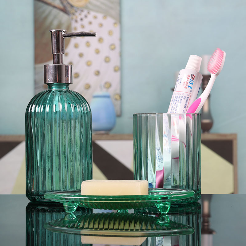 Juego de lavado de tres piezas Botella de vidrio Champú Gel de ducha Botella vacía Cepillo de dientes Taza de agua Acondicionador de hotel Botella subenvasada