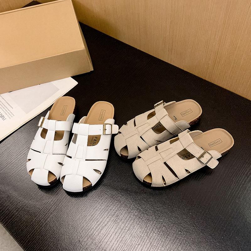 Sandalias Estilo Birkenstock con Punta Cerrada de Piel de Vaca con Punta Redonda para Verano