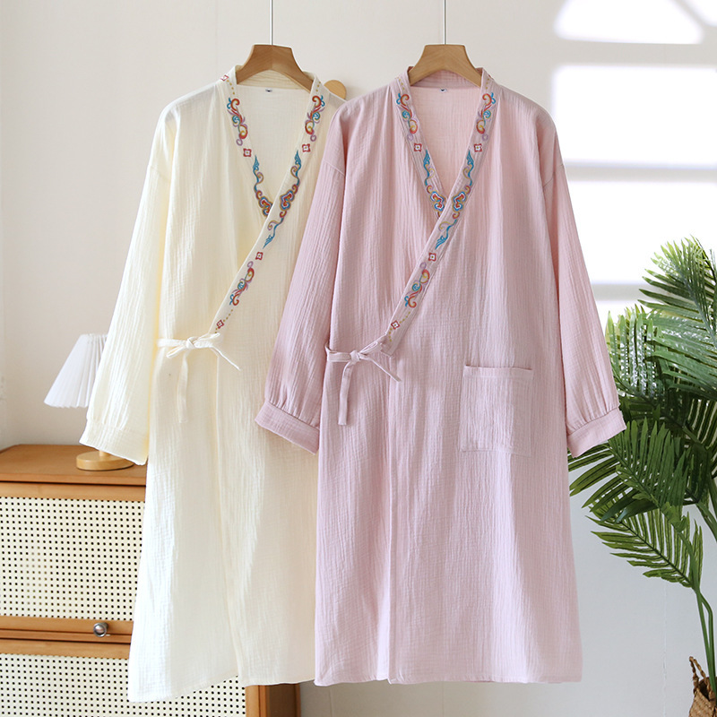Japanese Kimono Nightgown Women's Cotton Gauze Bathrobe Home Clothes Spring and Summer Thin Bathrobe Embroidered Antique Hanfu Pajamas
