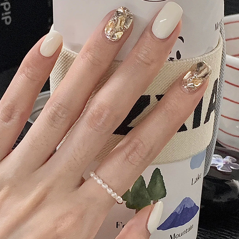 Wearable Nails, Milky White Champagne Sparkling Diamonds, Fairy Sparkling Full Diamonds, Romantic Short Nails, Nail Patches, Fake Nails