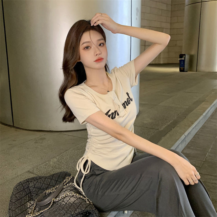Sommer New Style American Sweet Cool Spicy Girl Kordelzug Kurzarm Abnehmen T-Shirt Ice Silk Weites Bein Lange Hosen_voghion.com