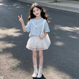 女童夏套装2026新款儿童甜美韩系短袖T恤夏装女孩蛋糕裙两件套潮