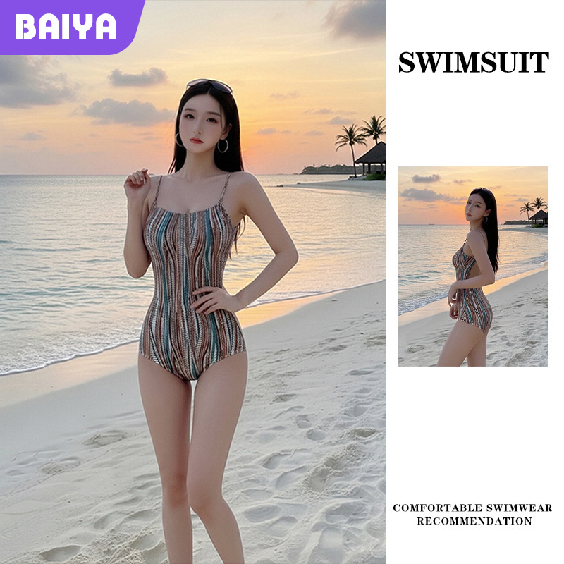 Traje de baño para mujer 2025 bikini de una pieza, rayas retro que cubren la carne, delgado y sexy, traje de baño de vacaciones de aguas termales