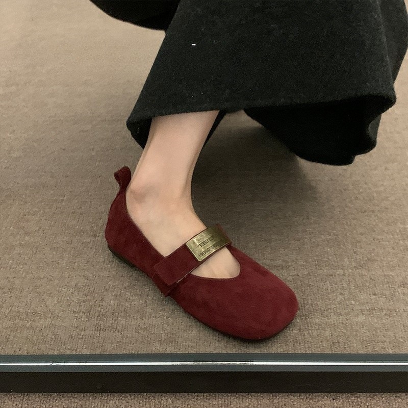 软皮平底绒面玛丽珍鞋女2025年春秋新款红色婚鞋浅口一字带单鞋
