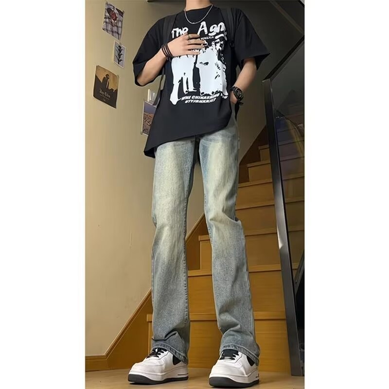boy Style Washed Vintage Jeans For Men Spring Autumn Straight Loose European American High Street Vibe Long Casual Pants_viptrois.com