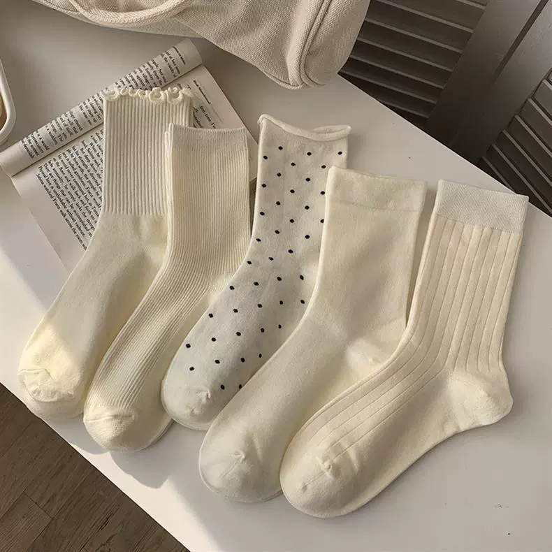 袜子女新款中筒袜 百搭纯色卷边堆堆韩版波点木耳边ins潮四季女袜