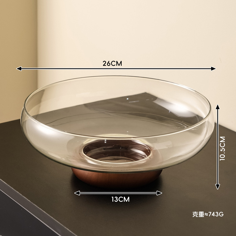 ガラスフルーツプレート、高級背の高い装飾フルーツプレート、無垢材ベース、家庭用高価値スナックとドライフルーツの収納トレイ|undefined