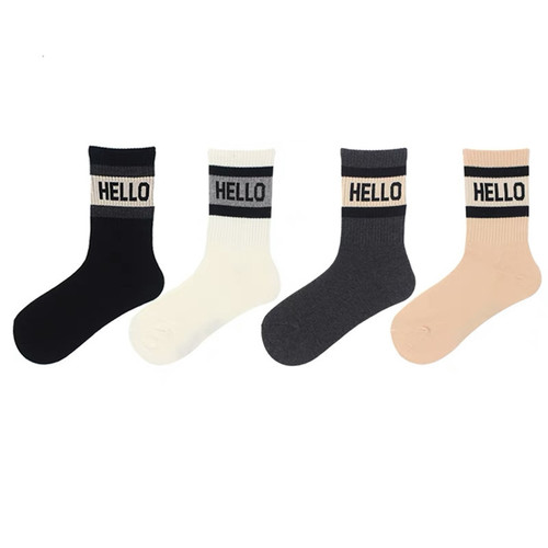 Trendy brand HELLO letter socks for men and women, sports mid-calf socks, simple striped skateboard socks, sweat-absorbent cotton stockings